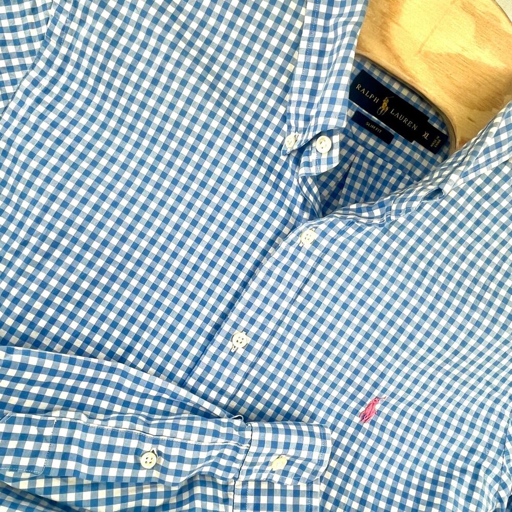 Polo Ralph Lauren Button Down Mens XL Blue White Checked Slim Fit Long Sleeve